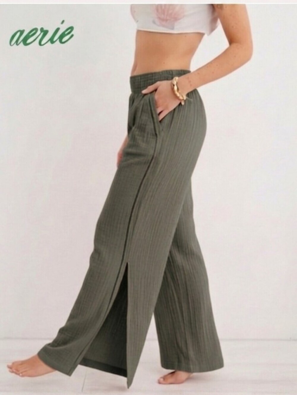 Aerie New Gauze Wide Slits Leg Pant Smocked High Waist Boho S Green Embroidery